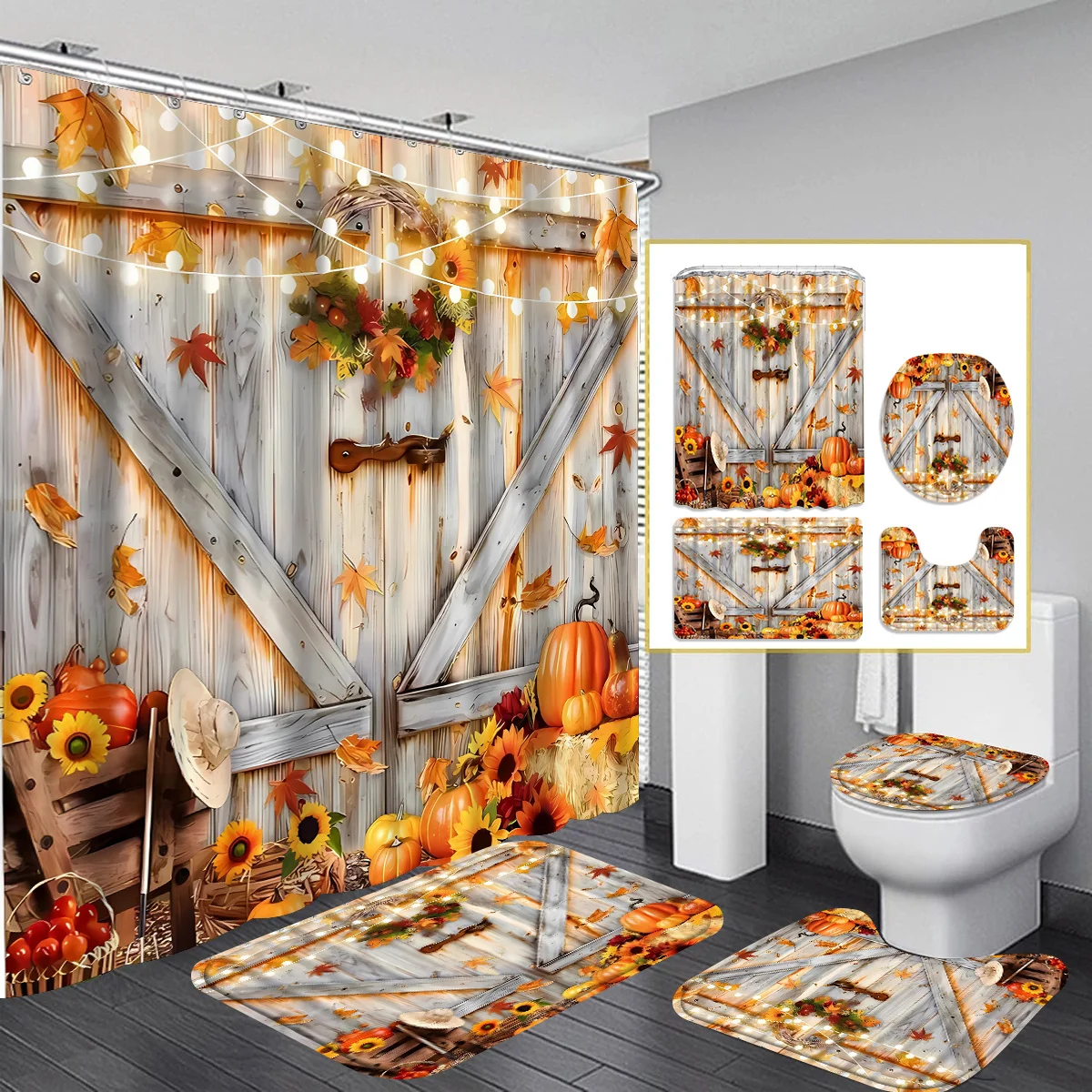 

4pcs Autumn Pumpkin Shower Curtain decoration, Beautiful Disguise Gift Modern Home decoration, Waterproof Shower Curtain And Bat