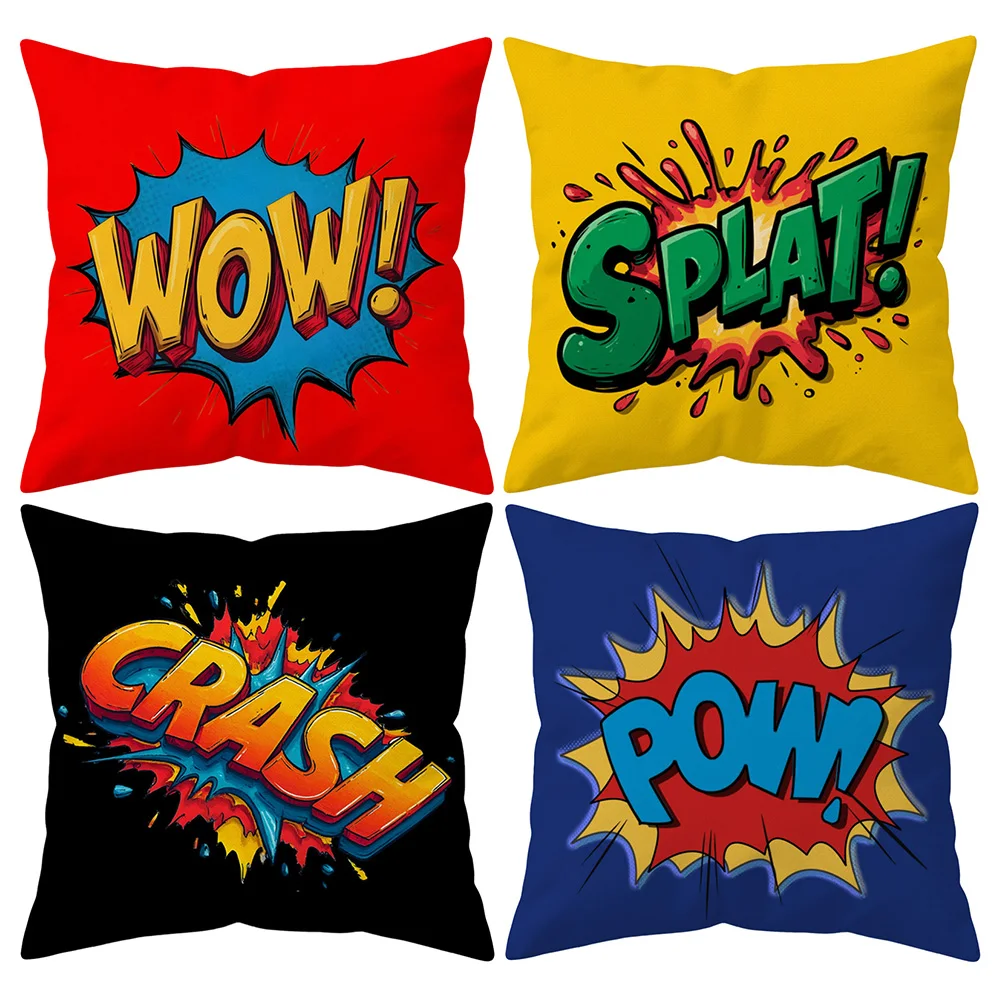 

Super Hero Quote Throw Pillow Covers 18x18 Set of 4, Double-Sided Wow Splat Crash Pow Comic Book Style Decorative Cushion Cases
