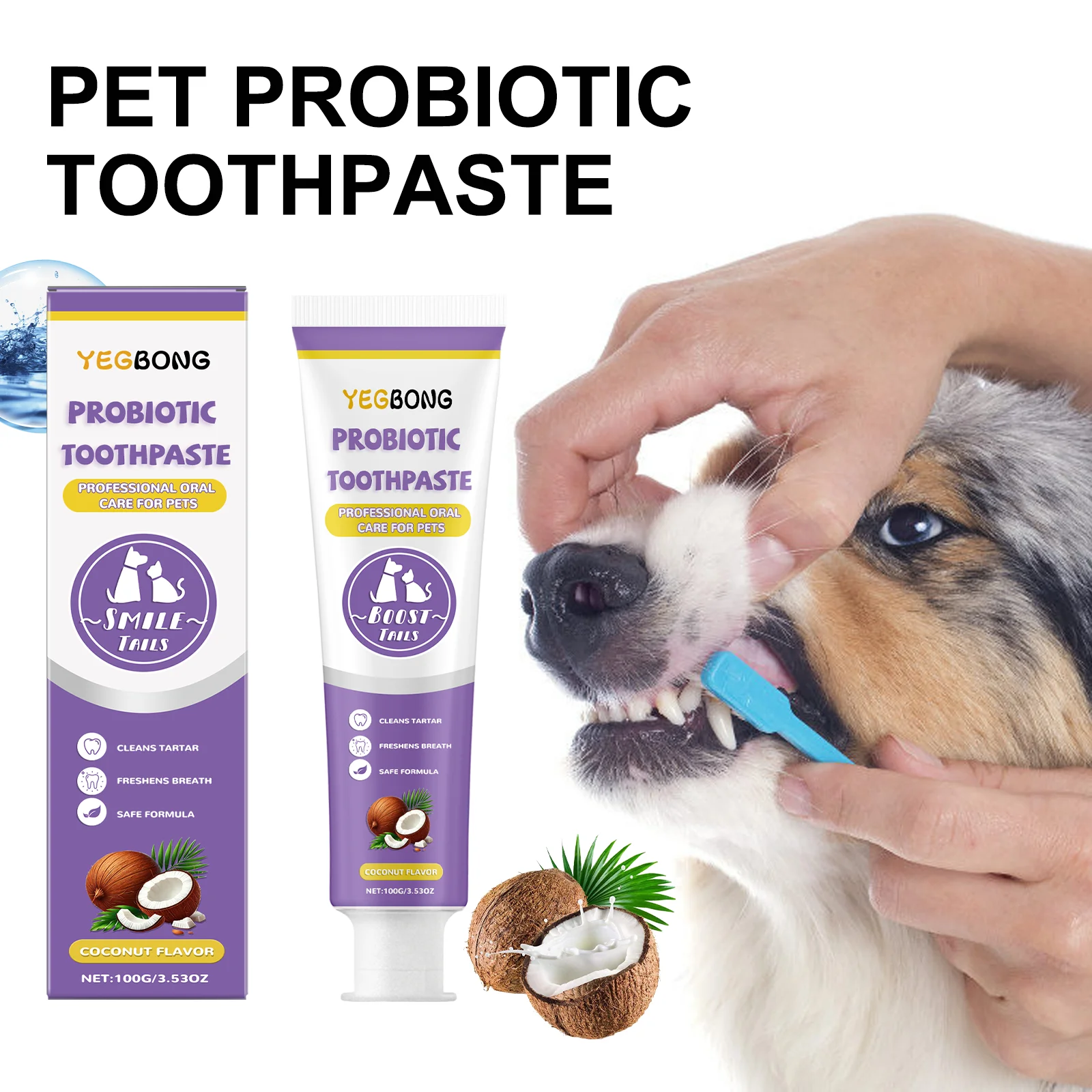 Pasta de dientes probiótica para mascotas para perros y gatos con coco Lactobacillu, elimina el sarro, refresca el aliento, pasta Natural para el cuidado Dental, 100g