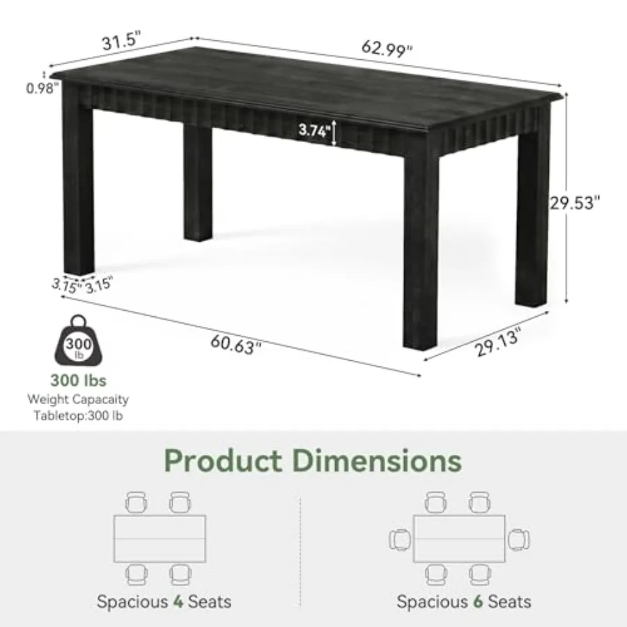 63-Inch Solid Wood Dining Table for 6