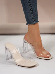 2023 New Transparent High Heel Sandals Summer Medium Heel Thick Heel Sandals Women's Super Immortal Crystal Heel External Wear S