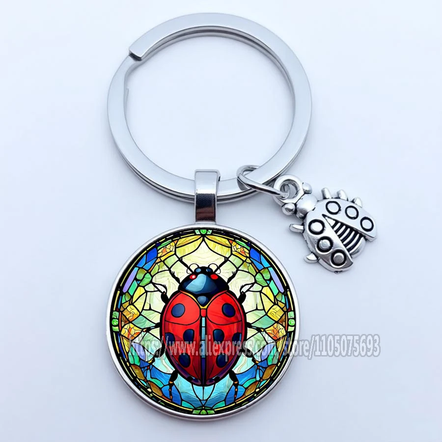 Exquisite ladybug keychain with cute colored ladybug pattern glass dome keychain gift