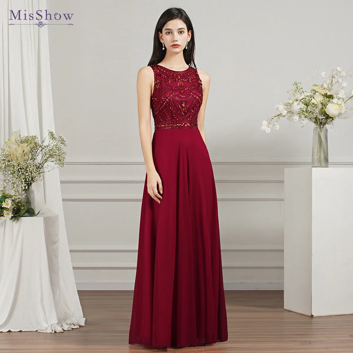 

MisShow Burgundy Full Crystals Stones Summer Beach Long Dresses for Women Exquisite Formal Evening Prom Party Dress Vestidos