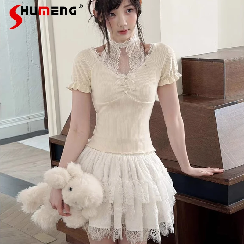 

Women's Cute Sweater Japanese Lolita Style Clear Lace Halter Neck Slim-fit Short-sleeves Knit Top Slim Fit Knitwear Y2k Clothes