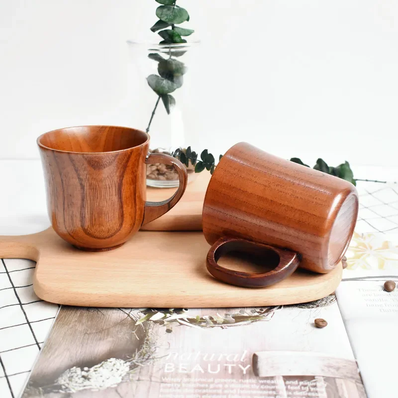 Wooden Big Belly Cups Japan Style Milk Water Cup with Handle Beer Coffee Milk Tea Mug Handmade Natural Kitchen Bar Drinkware Cup