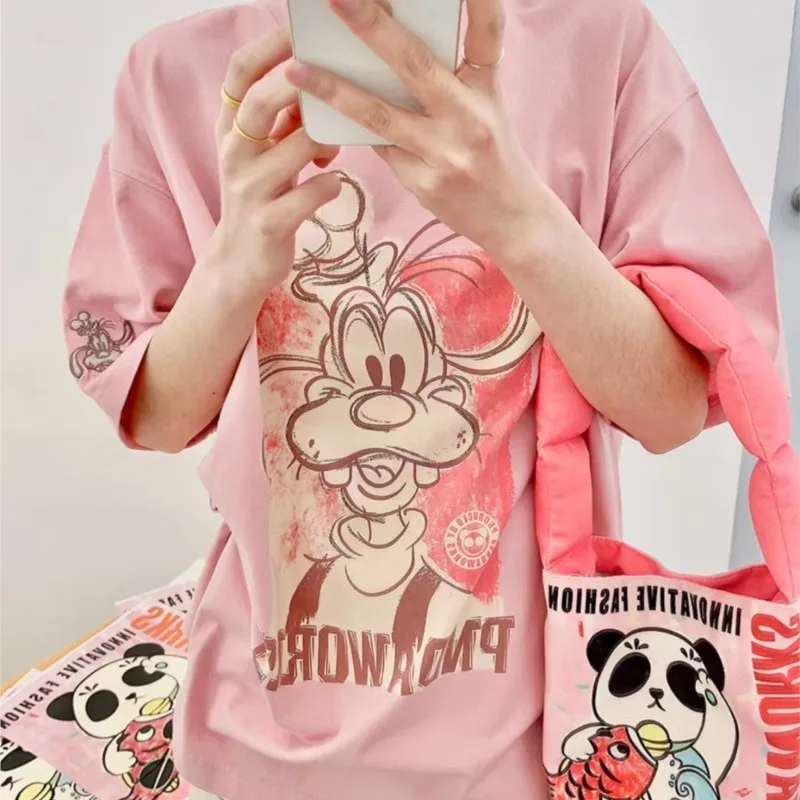 Korean ins cartoon printing Retro Short sleeved T-shirt women loose plus size blouse spring Casual clothing new style lovers top