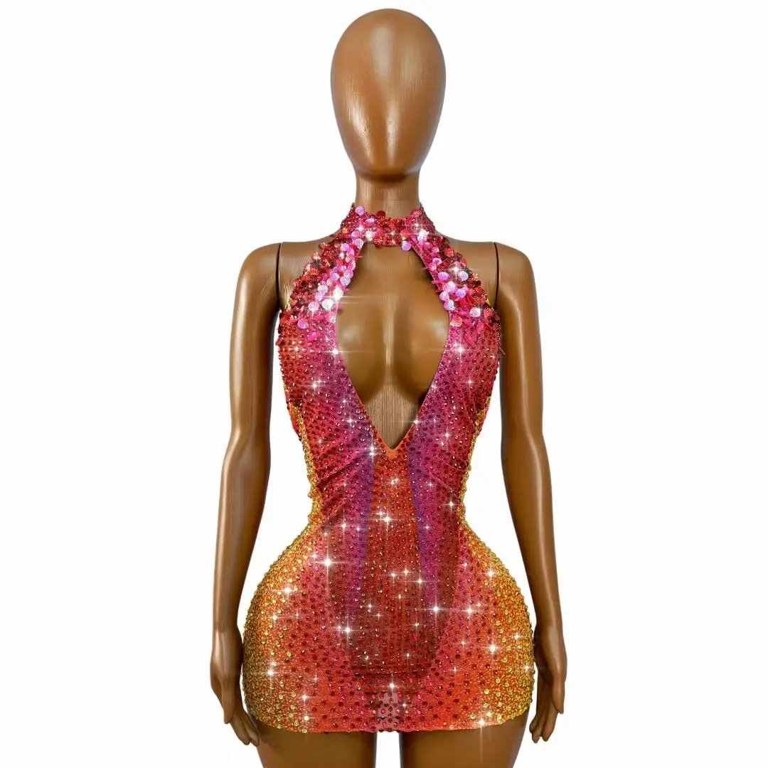 Honghaixia Luxury Gradient Hot Pink To Orange Sheer Mesh Crystal Short Dress Halter Keyhole Collar Nightclub Rave Outfit