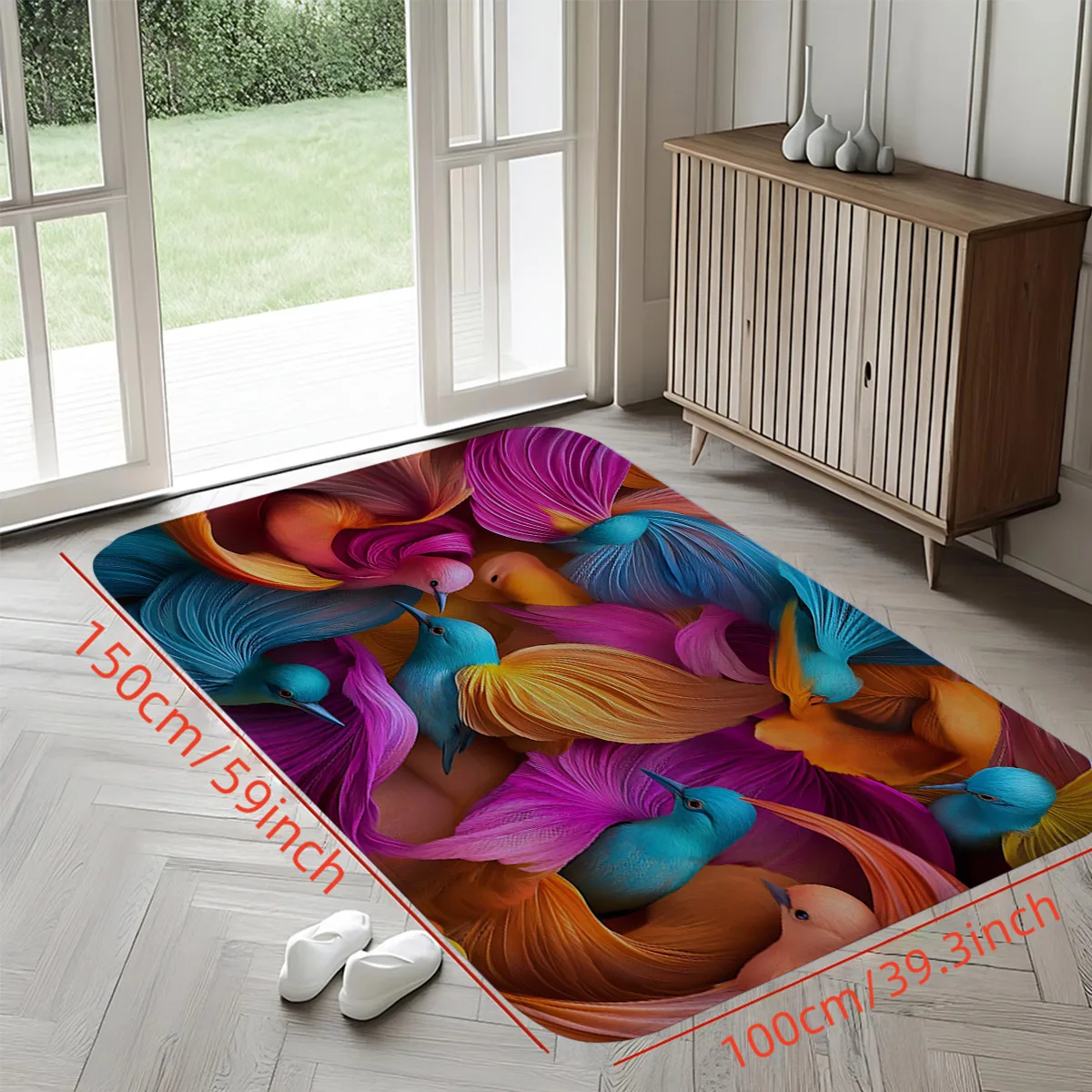 Colorful Birds Printed Flannel Bath Mat With Artistic Feather Design Soft Non Slip Rug For Bathroom Or Bedroom Decor