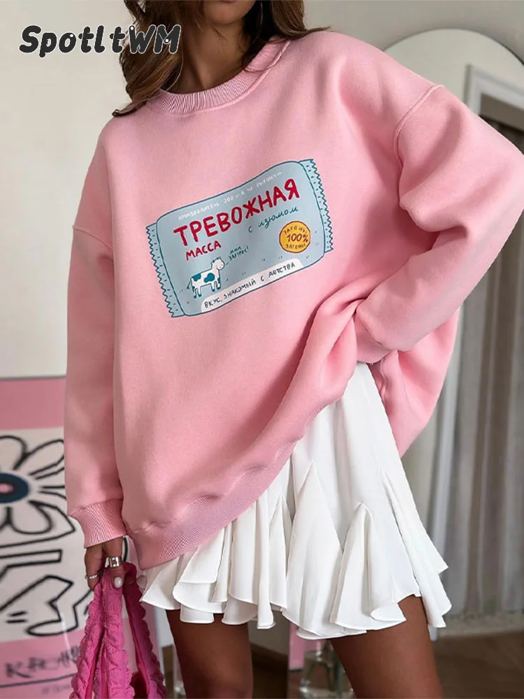 Fashion Letter Printed Contrasting Pullover Women Casual O Neck Long Sleeves Loose Tops 2024 Chic Lady New Sports Sweatshirt