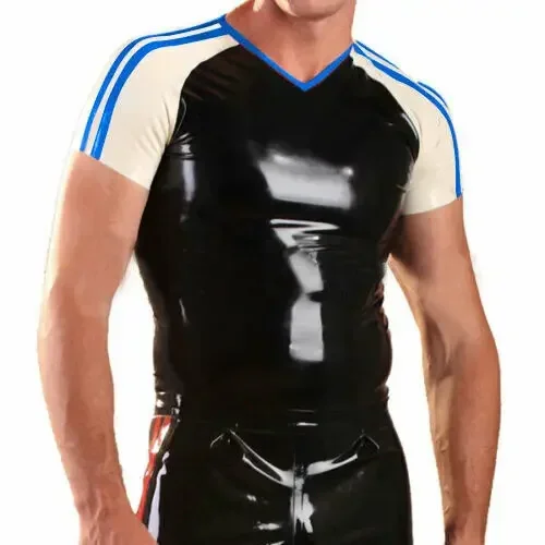 

Latex Short Slevees Top Navy Blue and Black White V-neck T-Shirts fashion Size S-XXL