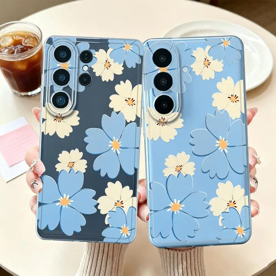 Clear Phone Cover Case for Samsung Galaxy S26 Ultra S22 S10 S24 FE Note 10 20 S26+ S23 S21 S25+ S20 S25 Plus Blue Simple Flower