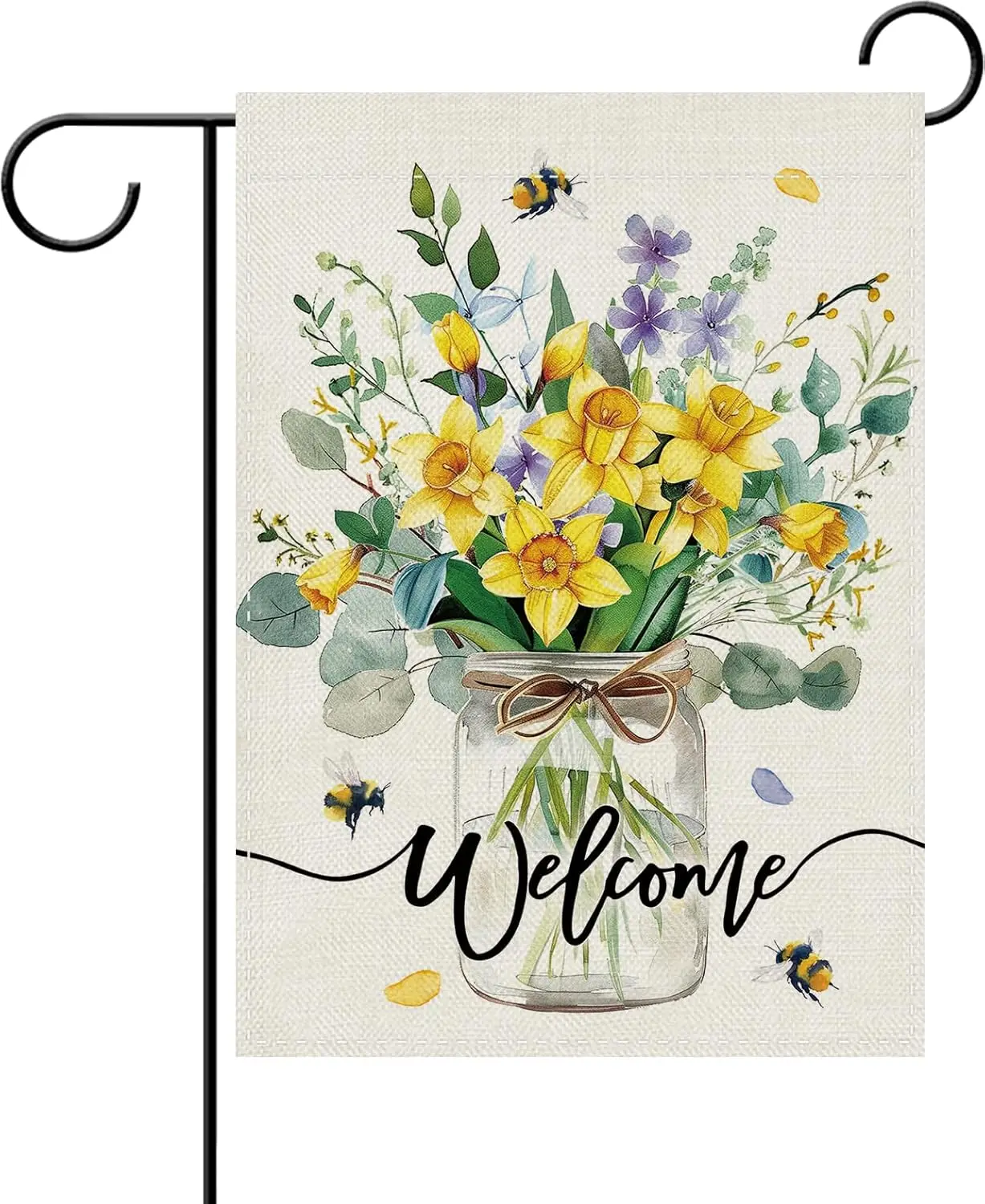 Dyrenson Spring Daffodil Flower Decorative Garden Flag, Watercolor Floral Bumble Bee Mason Jar Yard Outside Home Decoration, EEZ