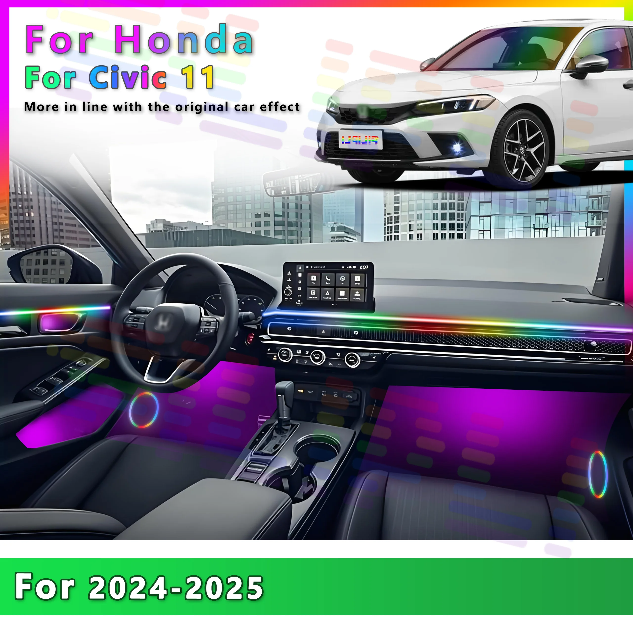 

For Honda Civic High 2024-2025 Brightness RGB LED Acrylic Interior Ambient Lighting Kit 64 Colors APP Sync