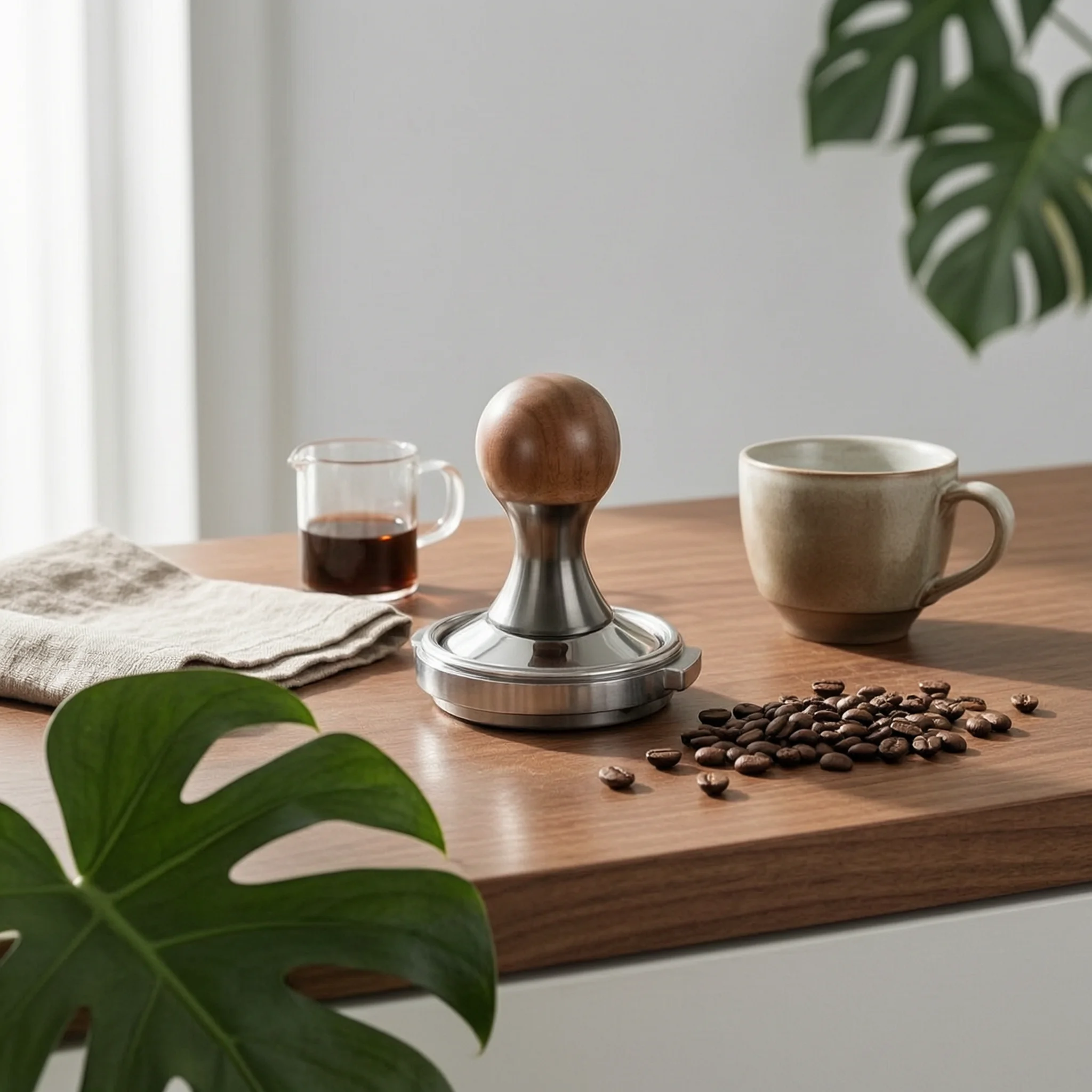 Set de Apisonado de Café Espresso con Distribuidor de Café de Madera y Apisonador con Acabado de Veta de Madera, Equipo de Cafetería con Vástago de Metal Negro