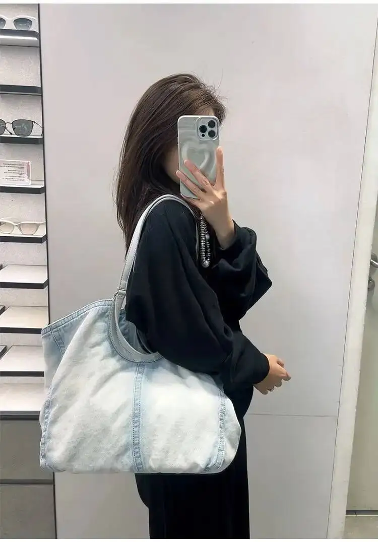 Bloom Vintage Denim Tote Purse For Women 2025 Large Capacity Underarm Bag Female Retro Y2k Handbag Designer Bags