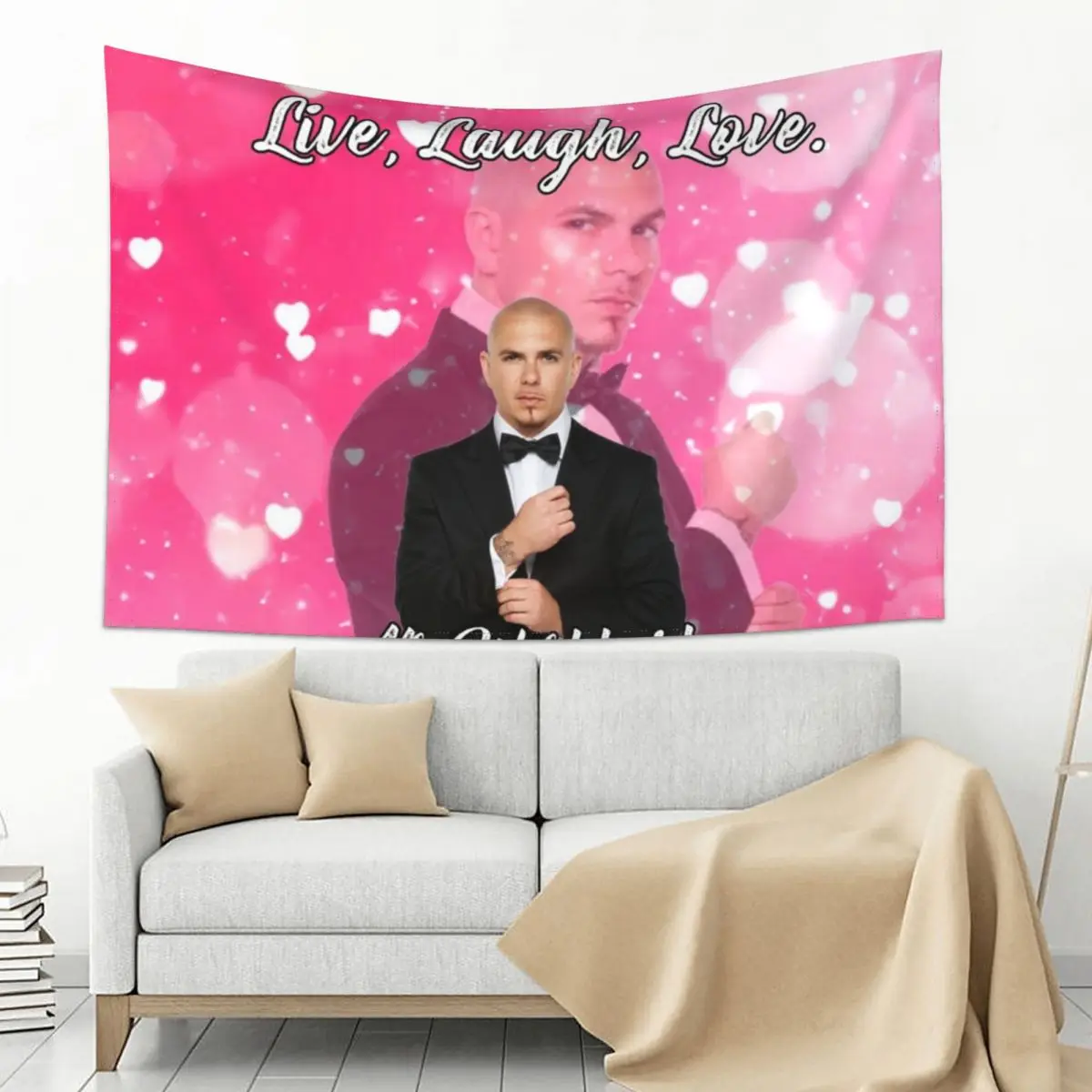 

Mr Worldwide Says to Live Laugh Love Pink Smile Tapestry Aesthetic Decoration Decorative Paintings House Decorations Tapestry