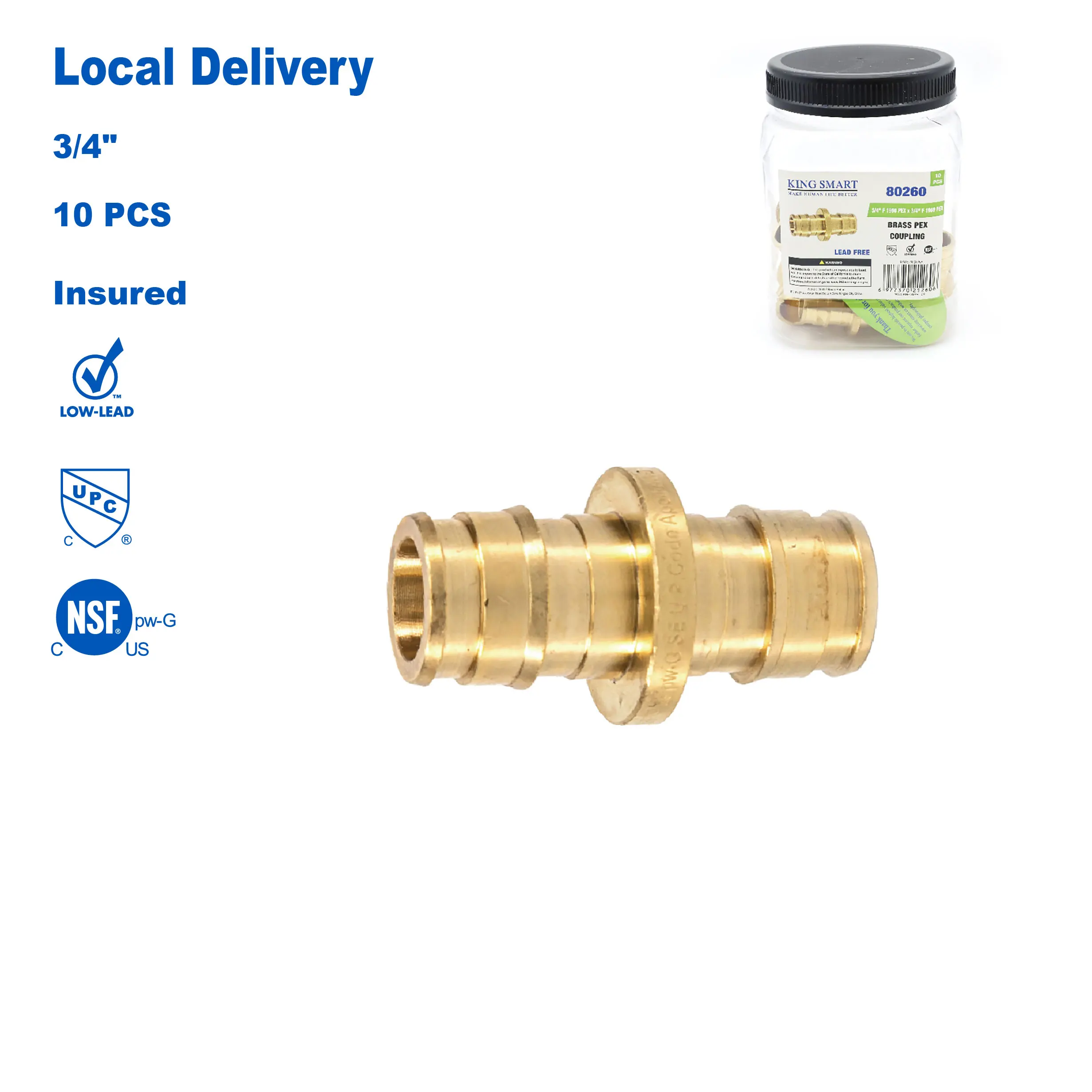 

KING SMART 3/4" F1960 PEX Coupling; 10Pcs/Case; Lead Free Brass; 80260
