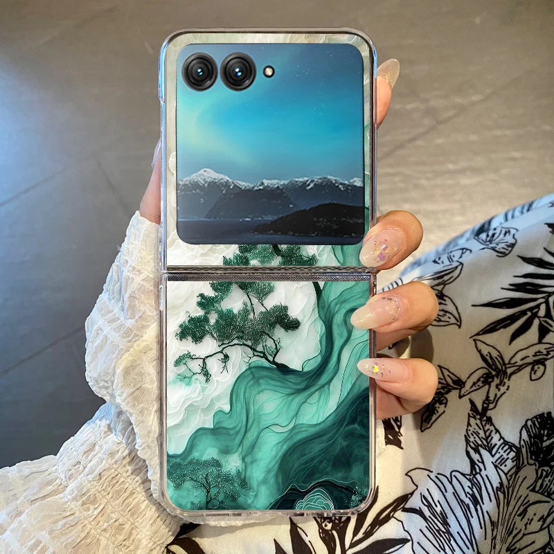 Blue Flowers Forest Print Phone Case For Motorola Razr 60 Ultra Razr 50 40 Ultra 60 50 40 Clear Shockproof Hard PC Folding Cover