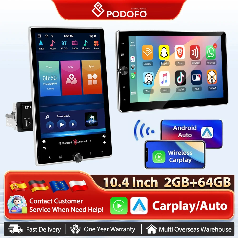 Podofo 10,4" vertikaler drehbarer Bildschirm Android-Autoradio 1 Din 2+64G Wireless Carplay Android Auto GPS 1Din Multimedia Autoradio