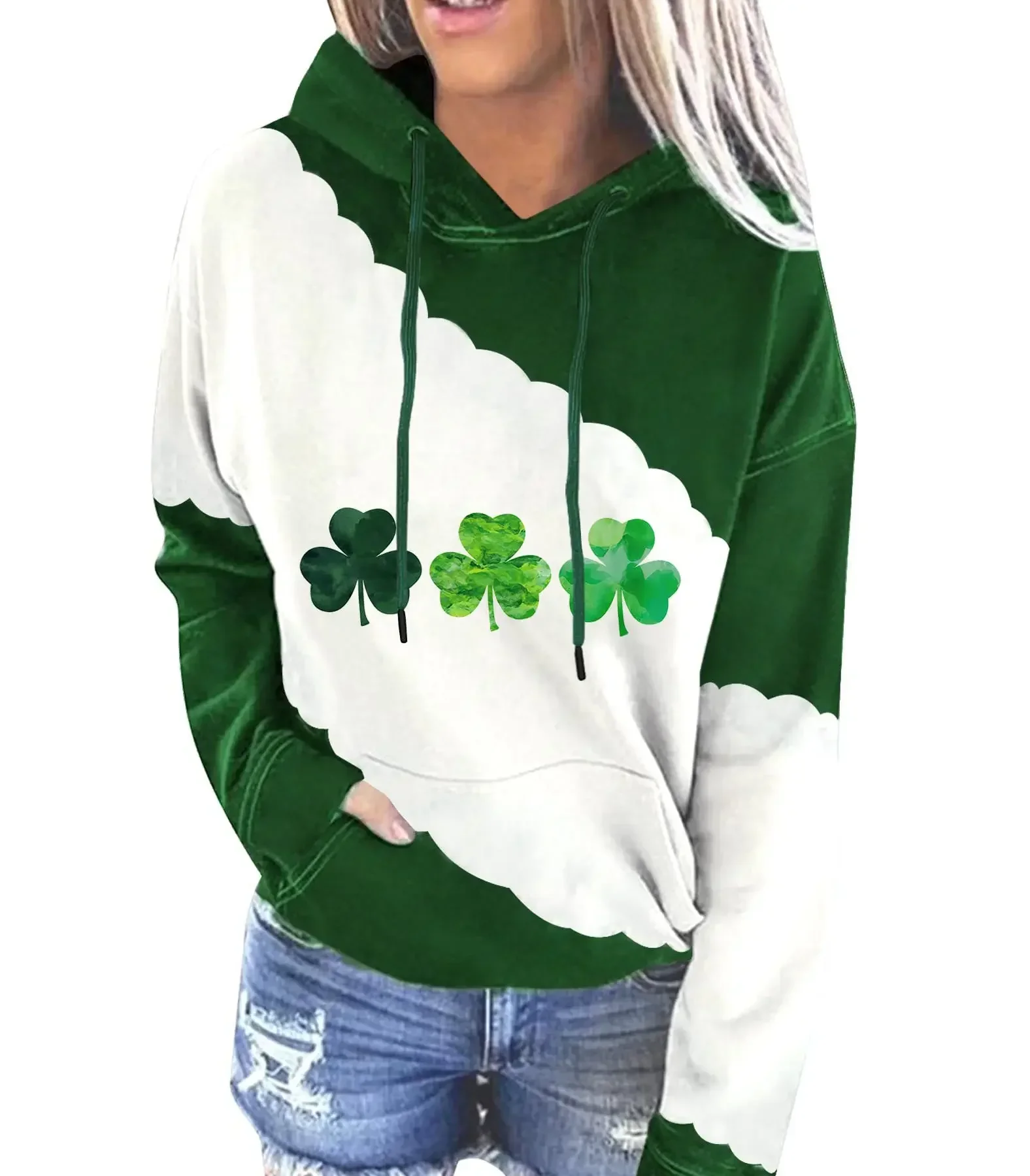 Sudadera con capucha de trébol verde para mujer, sudadera informal de manga larga, jersey de trébol irlandés, Tops de retazos con estampado de la suerte