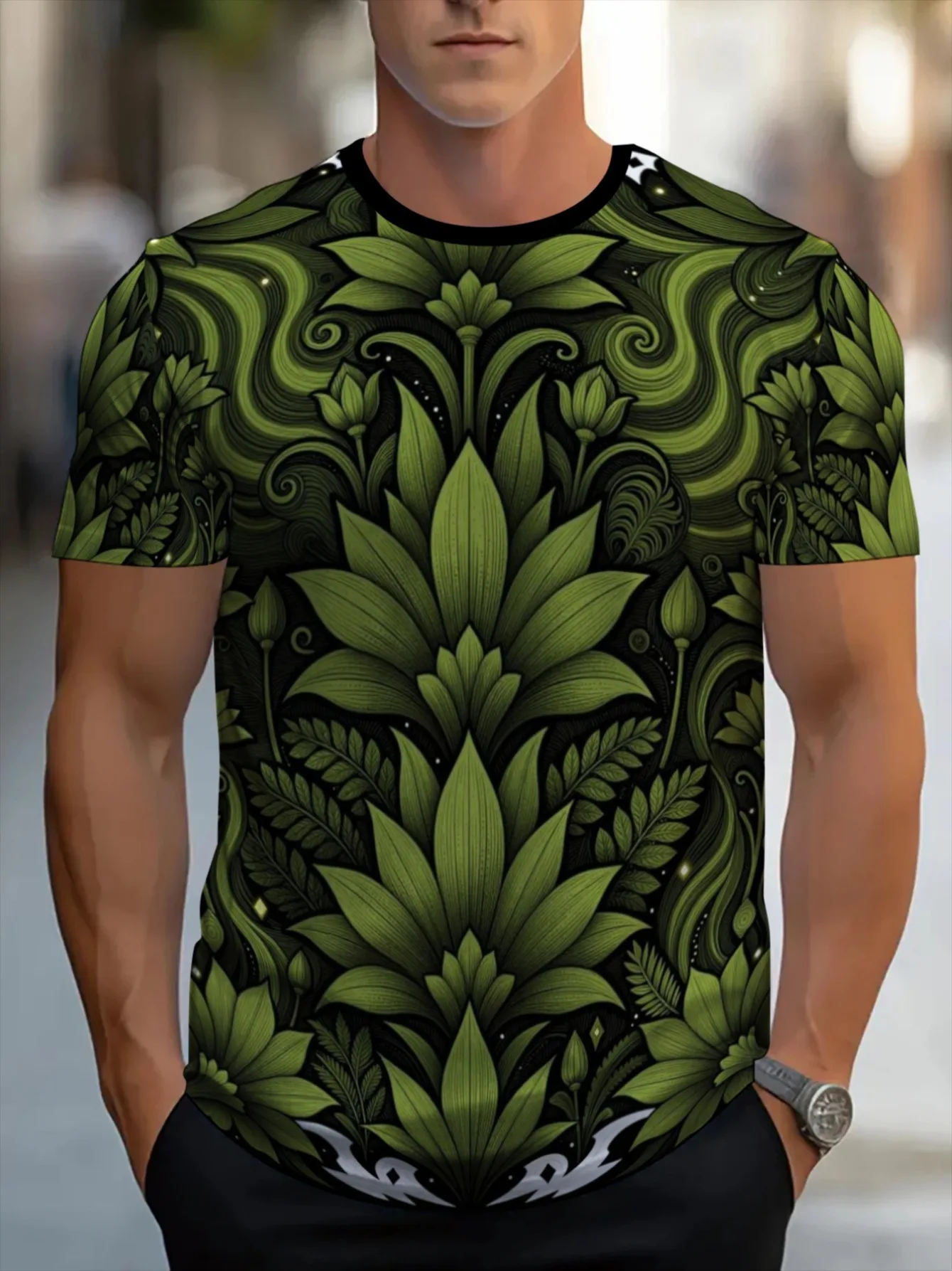 Men Black Background Green Swirl Leaf Floral 3D Print Crew Neck T Shirt Summer Short Sleeve Casual Street Tee