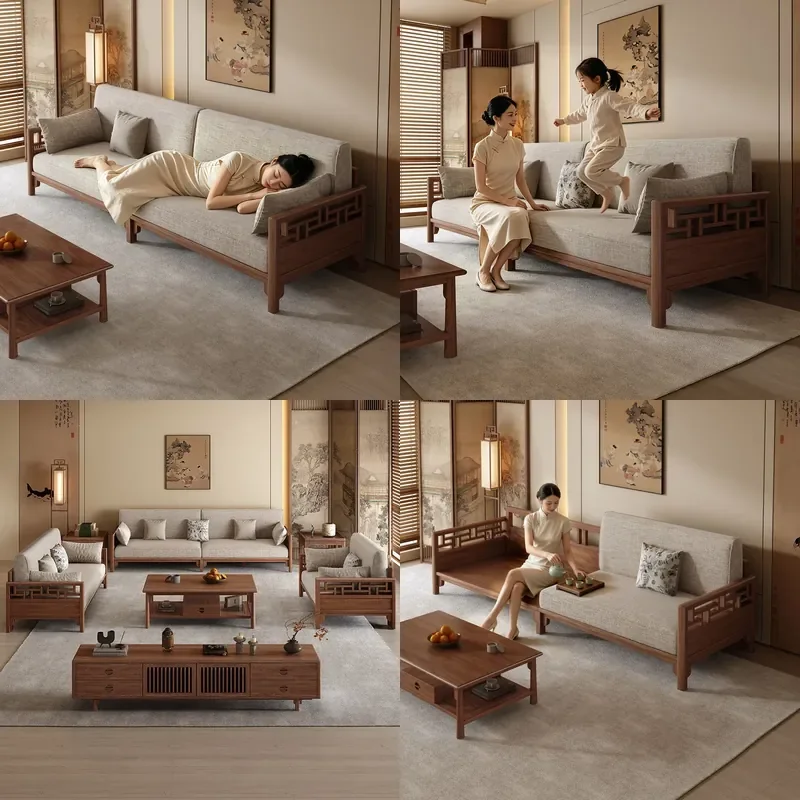 For New Chinese Style Black Walnut Solid Wood Sofa 3 Seater Song Aesthetic Living Room Furniture Winter Summer Dual Use
