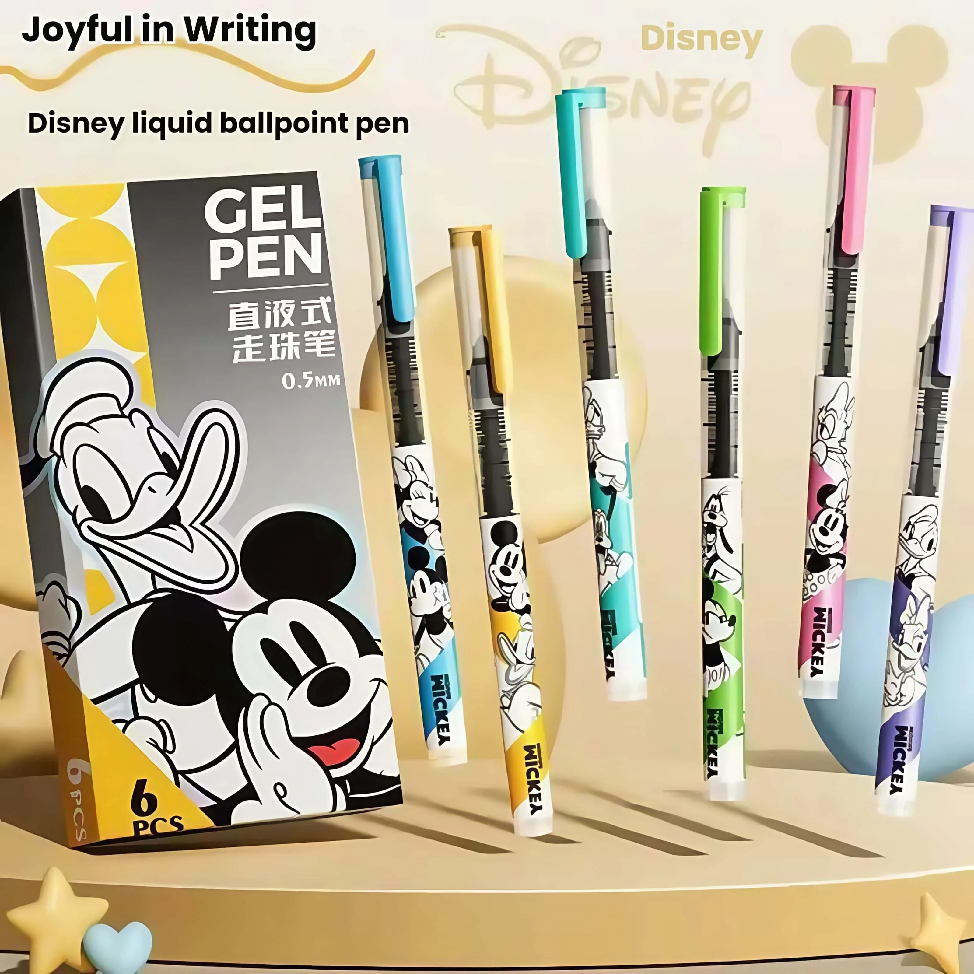 Kawaii ديزني ميكي دونالد داك جل أقلام 0.5 مللي متر المباشر السائل رولربال لطيف الكرتون 6 قطعة/صندوق اللوازم المكتبية المدرسية للأطفال