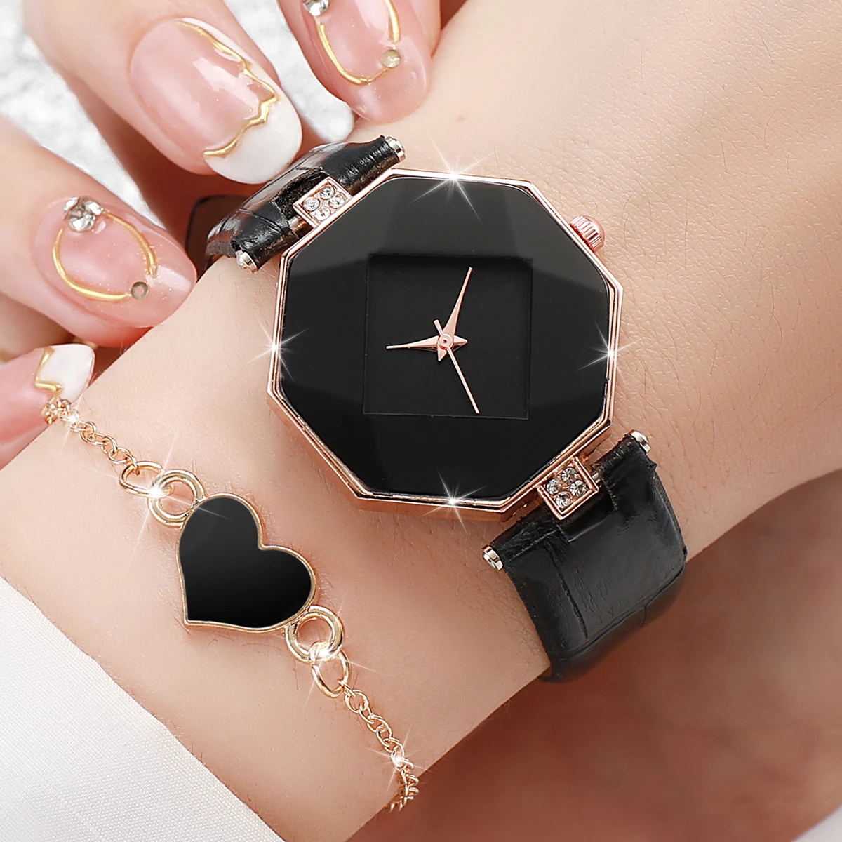 2PCS/Set Fashion Rhinestone Women Watches Heart Bracelet Set Casual Leather Quartz Wrist Watch