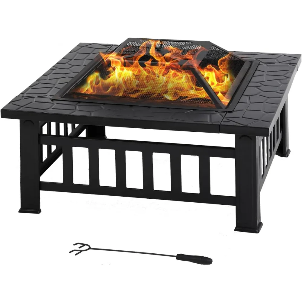 FDW Multifunctional 32 Inch Fire Pit Table - Metal Outdoor Stove with Waterproof Cover for Patio Garden Camping Bonfire Picnic