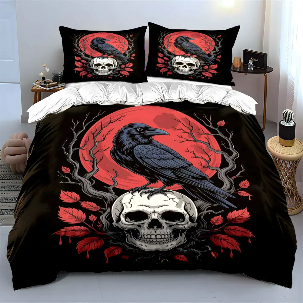 Raven Skull Printed Duvet Cover Design Print Bedding Set 1 Duvet Cover 2 Pillowcases for Adult and Children Luxury Gift