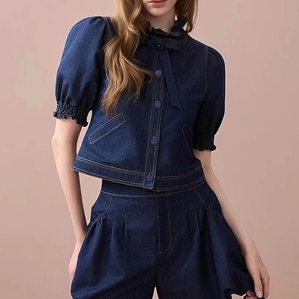 TWOTWINSTYLE الأزرق تقسم القوس قطعتين مجموعة الإناث الياقة المدورة قصيرة الأكمام سترة أنيقة المرأة فستان أطفال مع سروال داخلي الصيف موضة جديدة