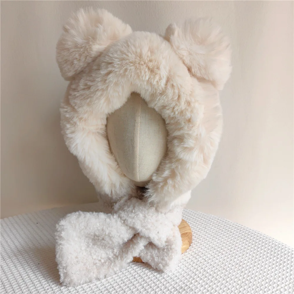 Conjunto de cachecol e chapéu de urso espesso feminino, pelúcia kawaii, tudo em um com capuz, boné de proteção de orelha, quente, inverno