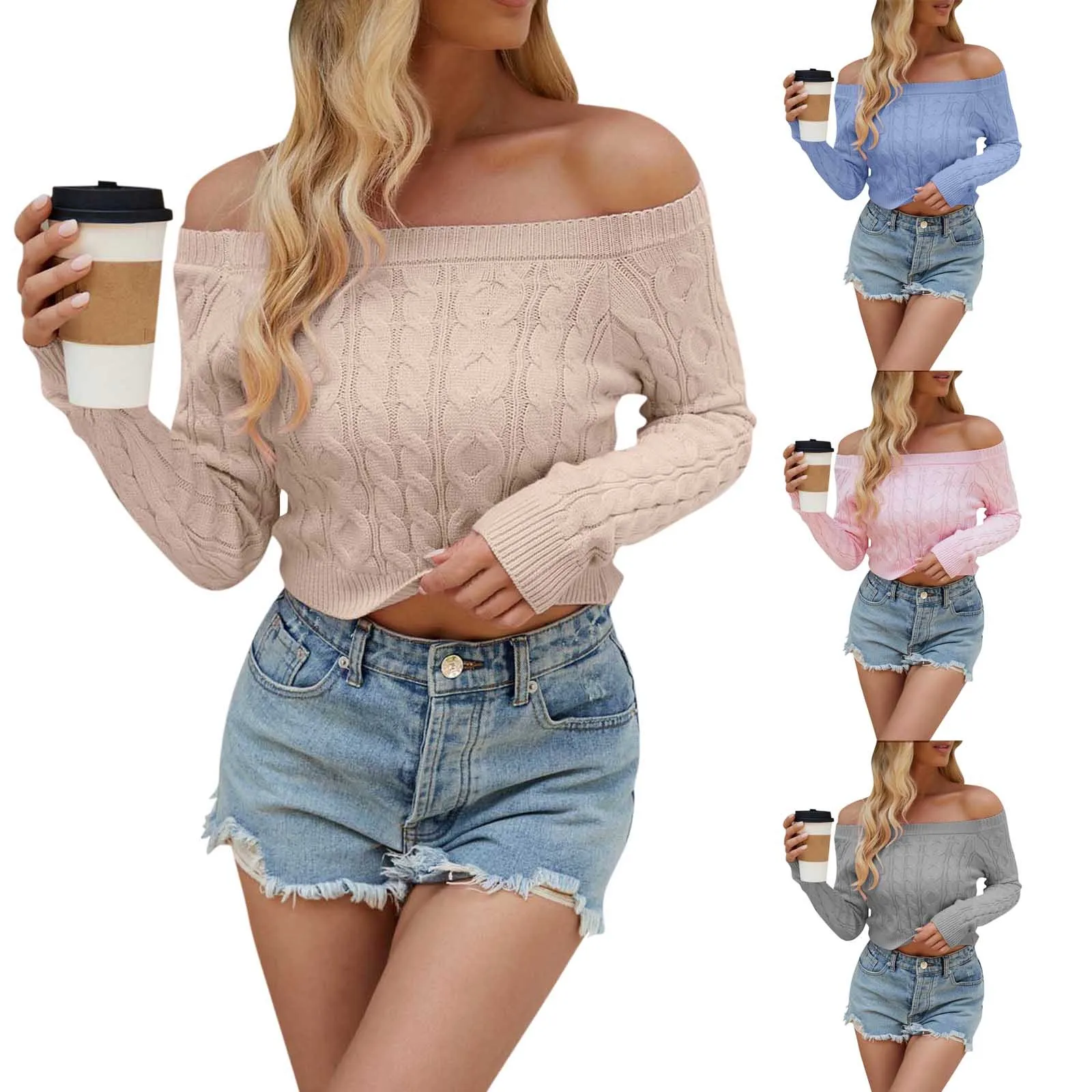 Off-Shoulder Fashion Knit Sweater Pullover For Women Slim Elegant High Street Loose Patchwork Camisola Ladies Knitwear Top