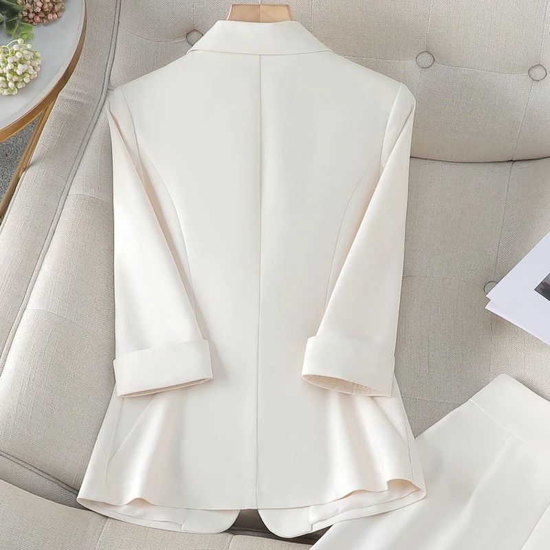 2024 Elegant Skirt Suits Women Ladies New Formal Pink Apricot Khaki 3/4 Sleeve Solid  Blazer Two Piece Set Office Suit