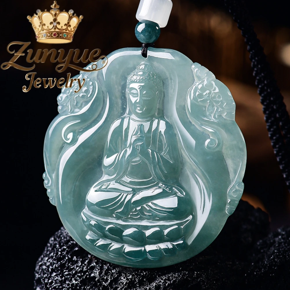 Natural Grade A Blue Water Jadeite Vairocana Pendant Zodiac Sheep Patron Saint Buddha Necklace Fine Carved Jade Jewelry Gift