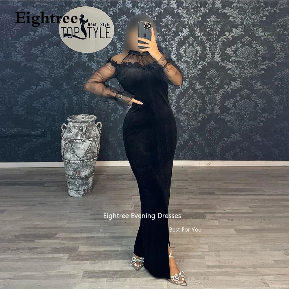 

Eightree Velour Black Prom Dresses Mermaid Long Sleeves Flowers Slit Beadings Formal Occasion Dresses Women's Evening Dresses