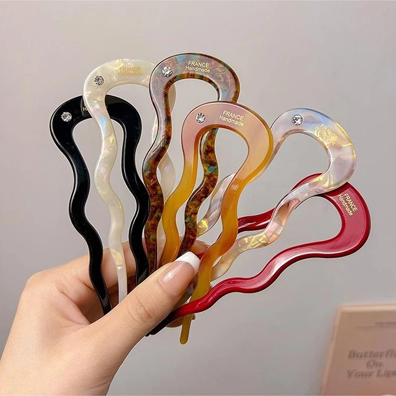 Französische Twist-Haarspange aus Acetat, gewellte U-förmige Haarnadel, Vintage Schildpatt-Optik, Damen-Haarknoten-Pin, Kopfschmuck-Accessoires – Detail 2