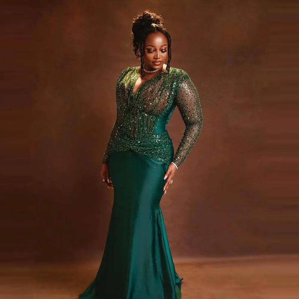 Hunter Green Plus Size Mermaid Evening Dresses With  Long Sleeves Sequined Prom Dress Aso Ebi Women Special Occasion Gowns