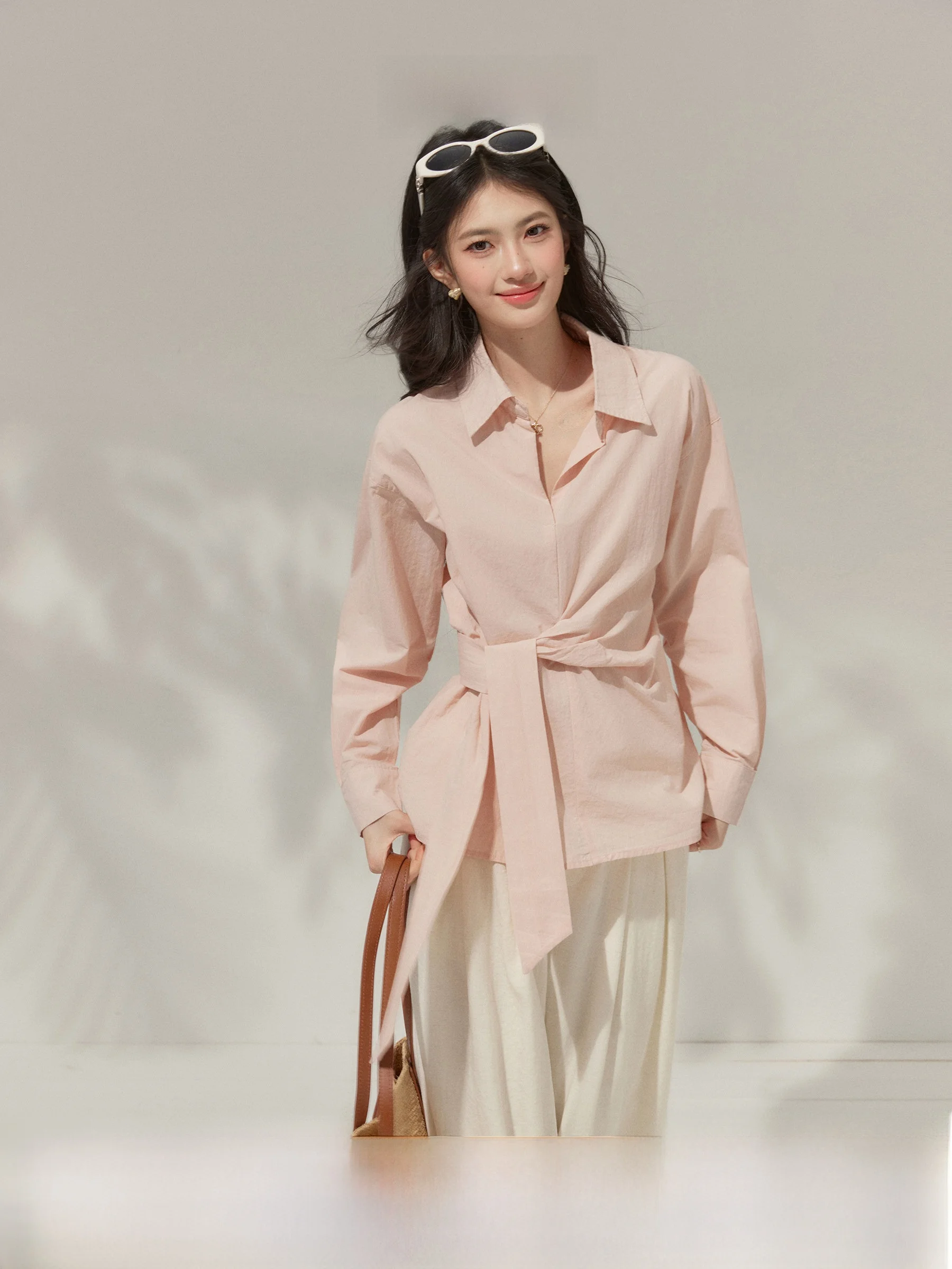 

Свободная офисная женская блузка с длинным рукавом, завязками на талии и воротником-стойкой в корейском стиле, модная коллекция Весна 2026