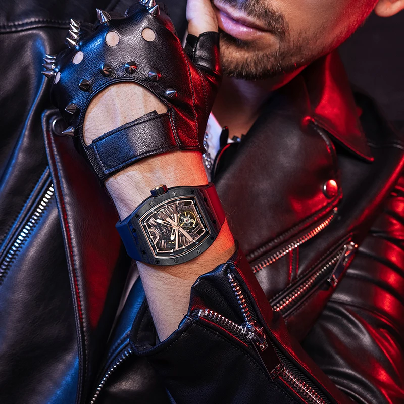 BONEST GATTI Samurai Skeleton Automatic Watch Men Tonneau Carbon Fiber Sapphire Crystal 3ATM Waterproof Fluororubber Strap Watch