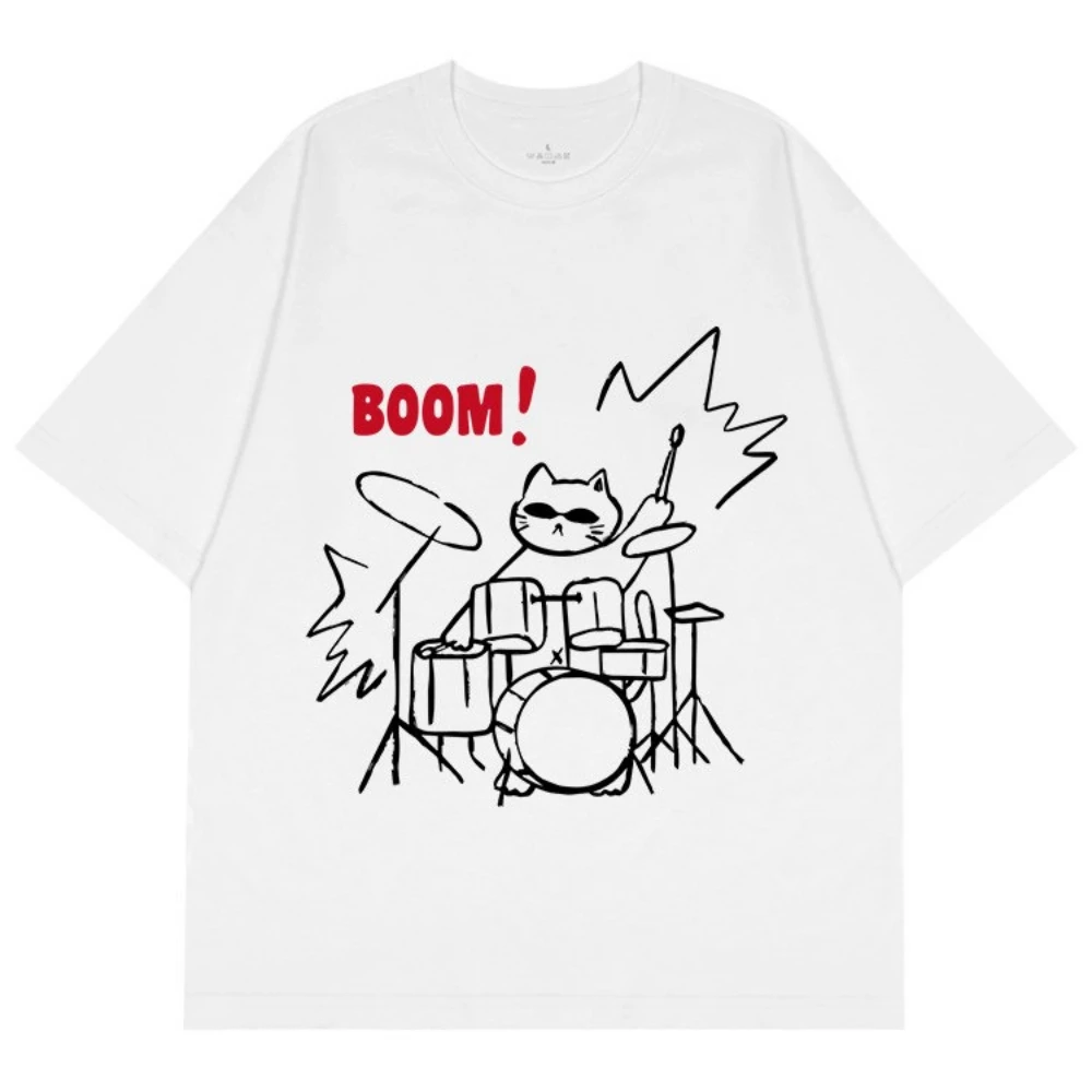 Rock Drummer Cat Graphic T Shirt Summer Unisex Men Women Hand Drawn American Streetwear Music Band Casual Tee Tops