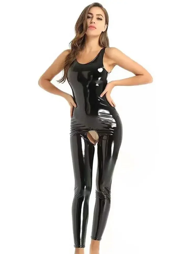 Sleeveless Wet Look PVC Catsuit Crotchless Open Crotch Bodysuit Tights Sexy Jumpsuit Shiny PU Leather Conjoined Clubwear Leotard