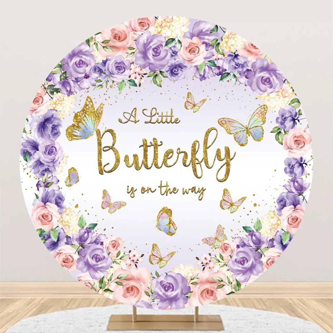 Butterfly Girl\'s Birthday Round Backdrops Photography Baby Shower Portrait Photographic Party Circle Backgrounds With Elastic