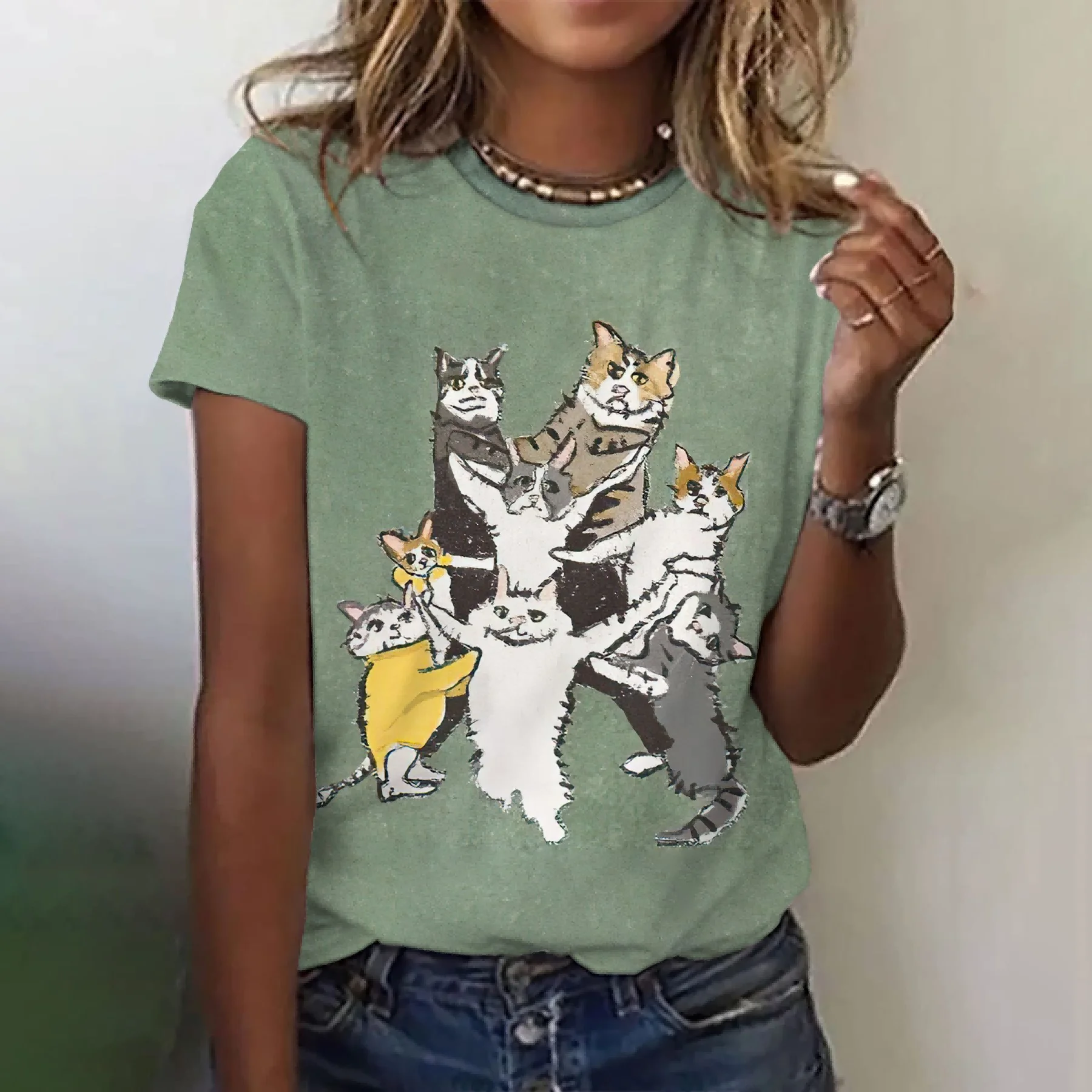 

Women's Fashion T-Shirt Summer Crew Neck Clothing Funny Casual Short Sleeve Cat Print Top Fashion Loose T-Shirt Women Clothing
