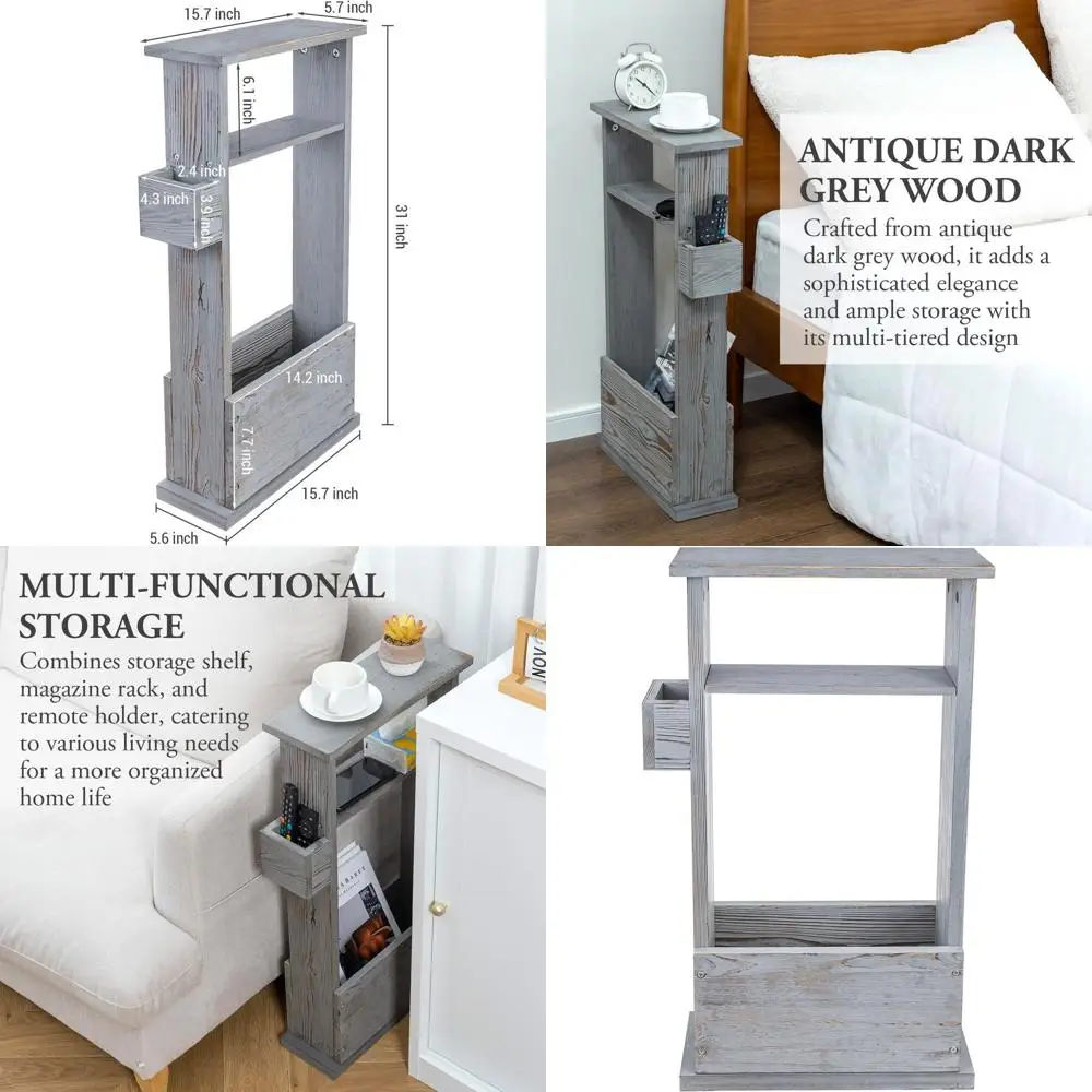 

Vintage Gray Slim Side Table with Storage Shelf, Magazine and Remote Storage
