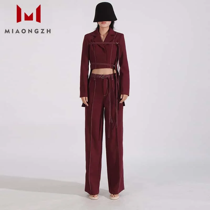 

High Quality Solid 2 Pieces Set For Women Fashion Notched Collar Long Sleeve Tops Lace Up Coat + High Waist Straight Pant Sets