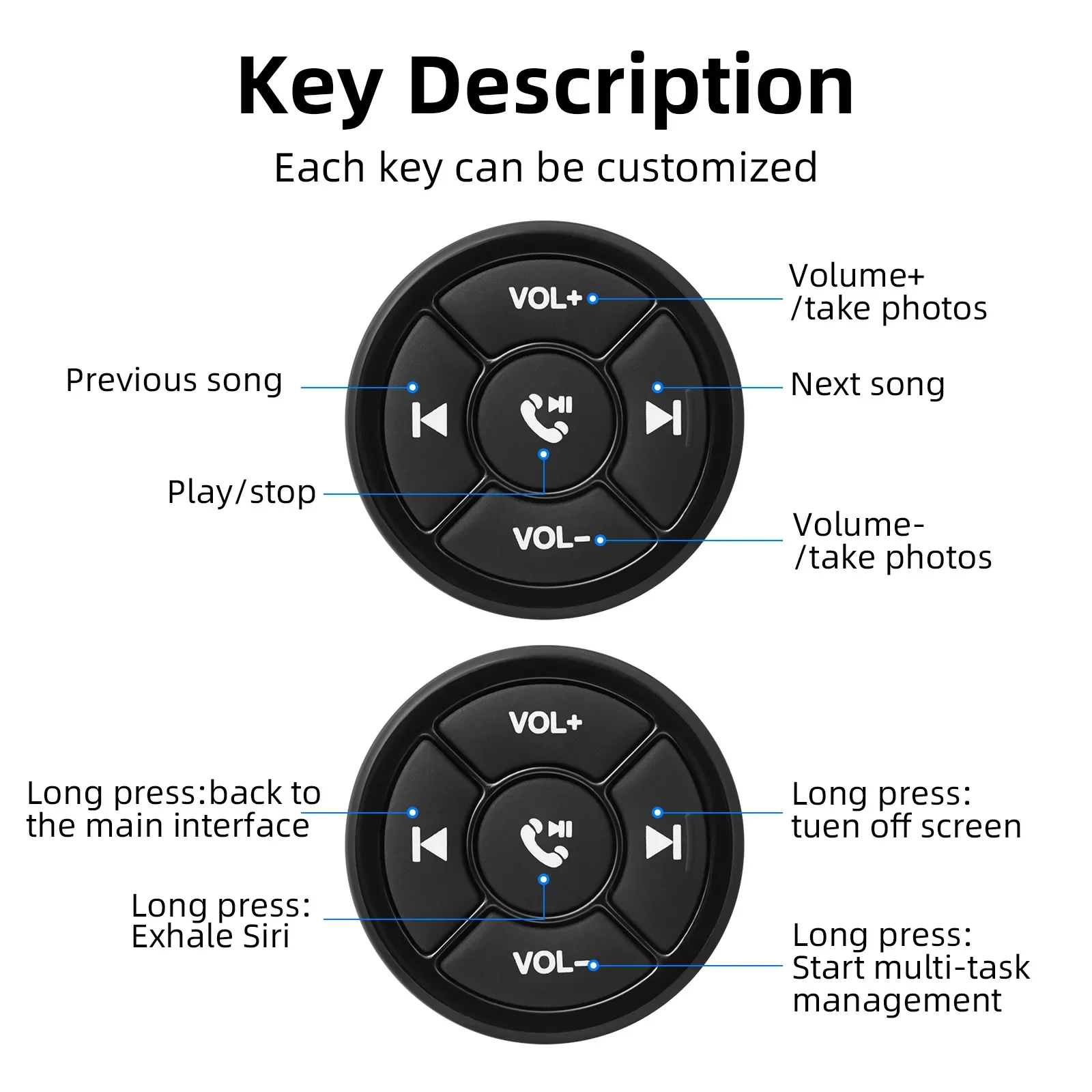 Controle remoto sem fio Bluetooth-Compatível Media Button, motocicleta Steer Wheel, MP3 Music Play para IOS e Android Phone, Novo