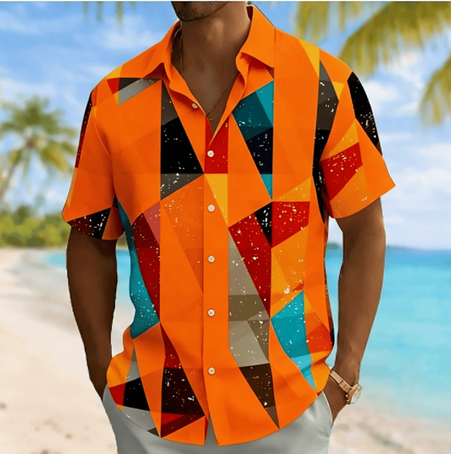 Men's Color Block Triangle Geometric Print Short Sleeve Shirt, Spring Summer Vacation Turn-Down Collar Blouse, Loose Fit Top