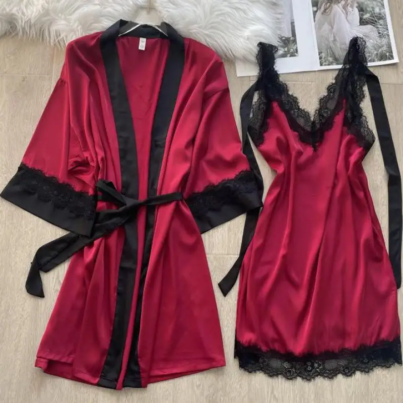 

Women Silky Nighty&Robe Set Bride Bridesmaid Wedding Robe Set Lace Trim 2PCS Sleepwear Sexy V-neck Sleep Set Casual Kimono Gown