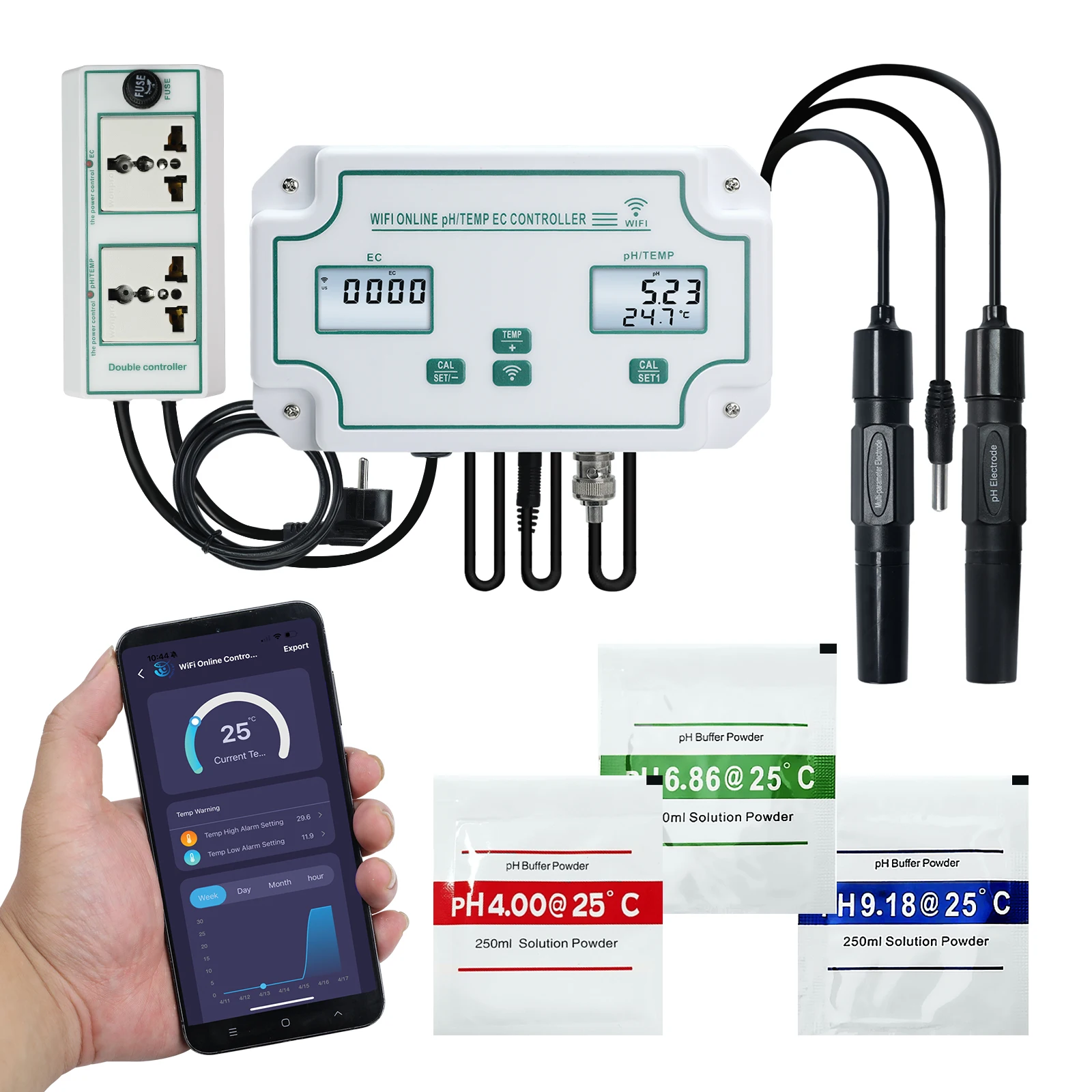 

Smart WiFi pH/EC/Temp Controller with APP Alarm, Remote Online Water Quality Monitor for Aquaculture Hydroponics Pool